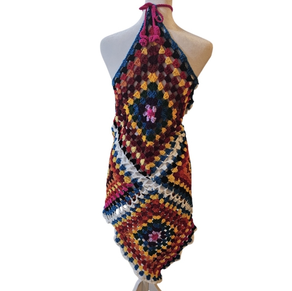 Sustainable Handmade Grannycore Crochet Dress Boho Festival Rainbow Cover-Up - Picture 4 of 17